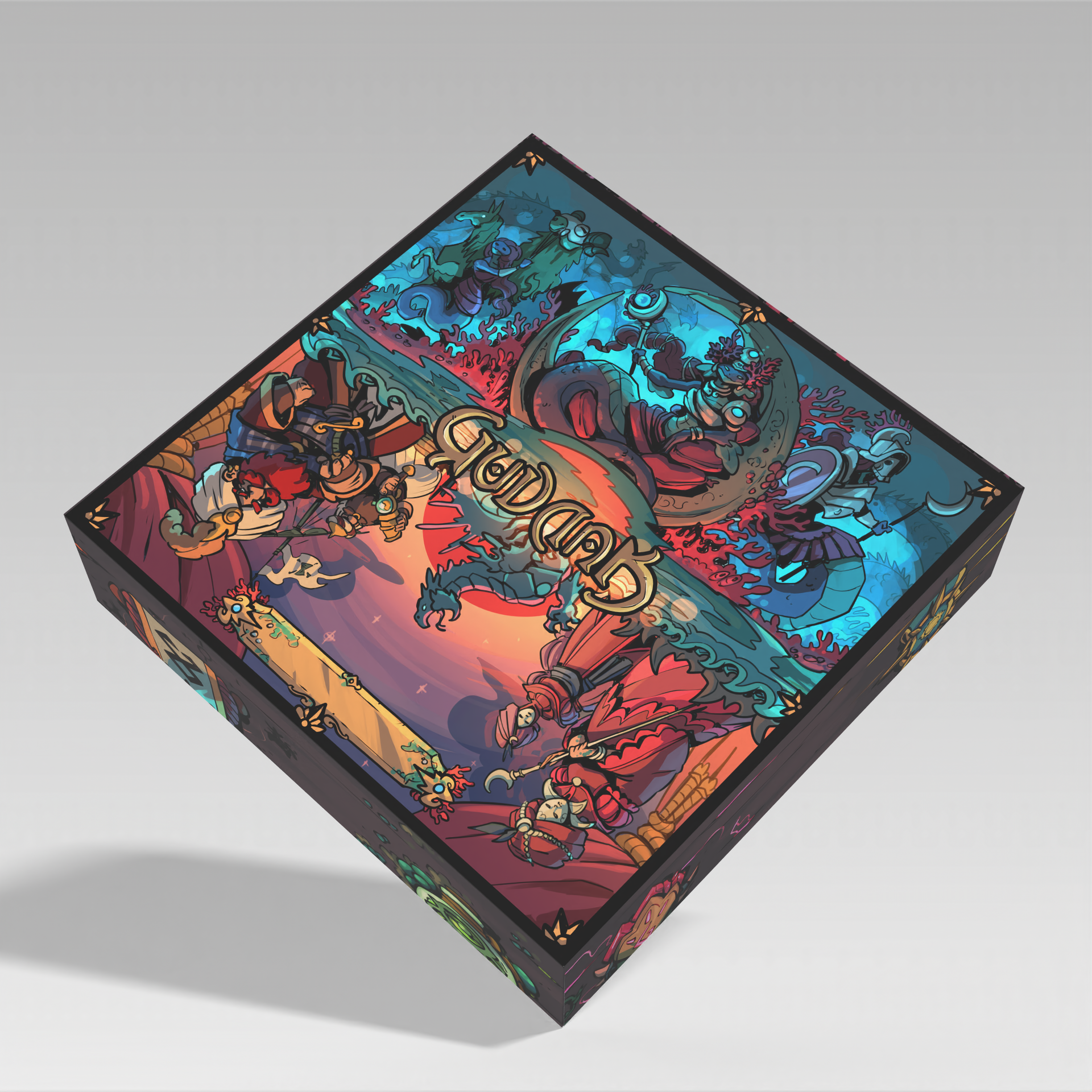 Rendered Gudnak box with illustrated fighters